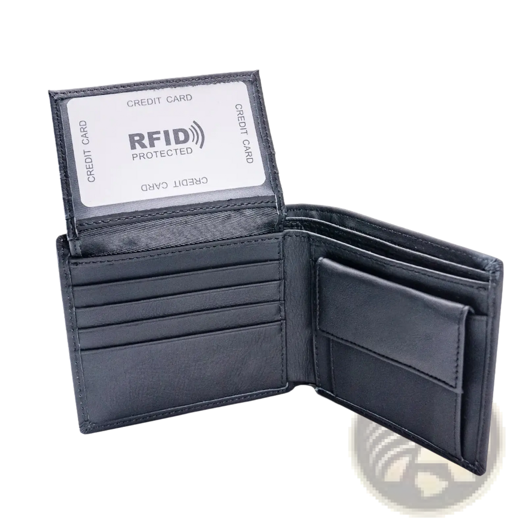Black leather men rfid leather bifold wallet with coin pocket and multiple interior compartments for secure storage