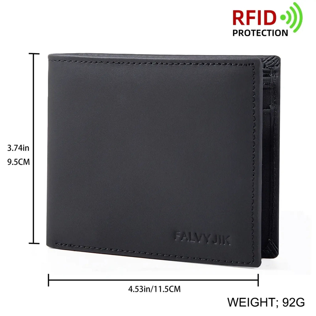 Black leather bifold men rfid wallet with coin pocket and embossed falvyjik branding for secure storage