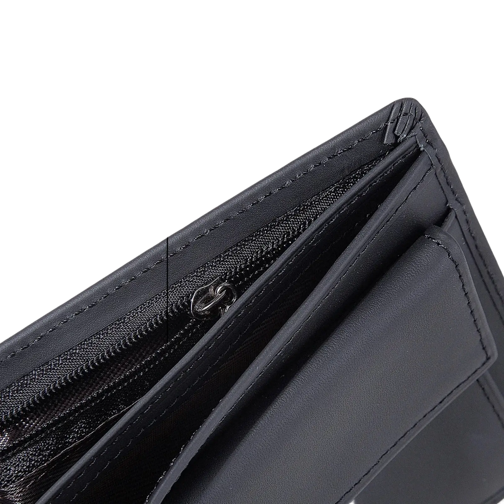 Black leather zipper coin pouch with minimalist design and precise stitching in men rfid leather bifold wallet coin pocket
