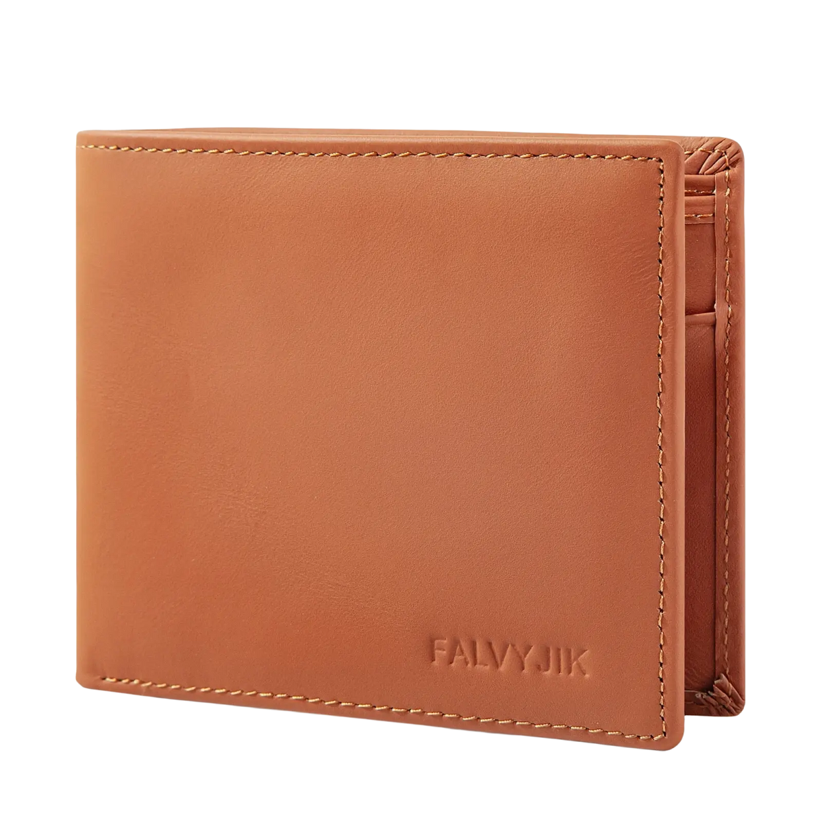 Men rfid leather bifold wallet in tan with matching stitching and embossed brand logo featuring a coin pocket