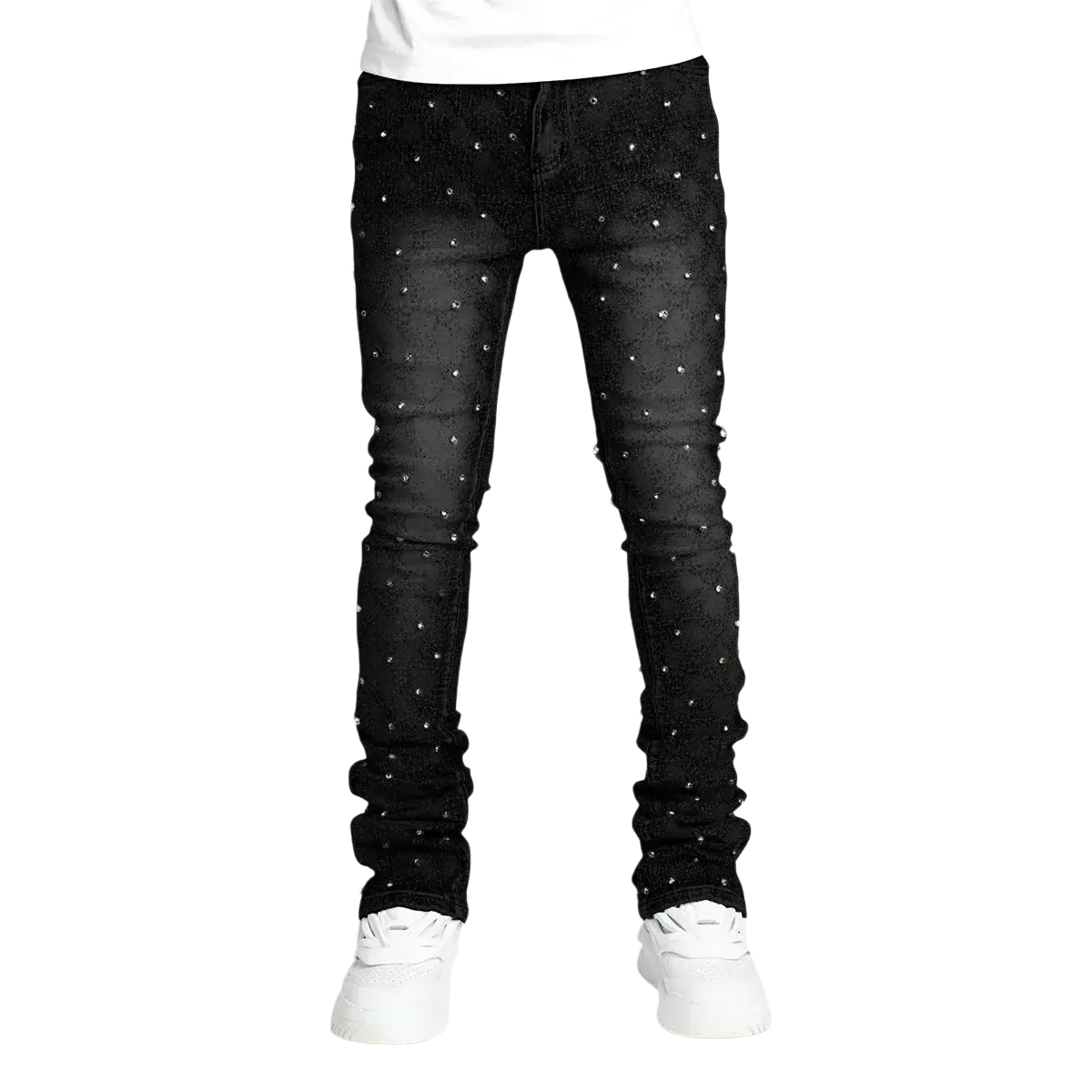 Men rhinestone black denim jeans featuring slim ruched fit with scattered silver studs on black denim fabric