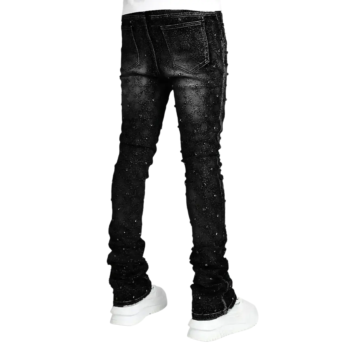 Men rhinestone black denim jeans featuring distressed glittery finish and decorative stitching on black denim jeans