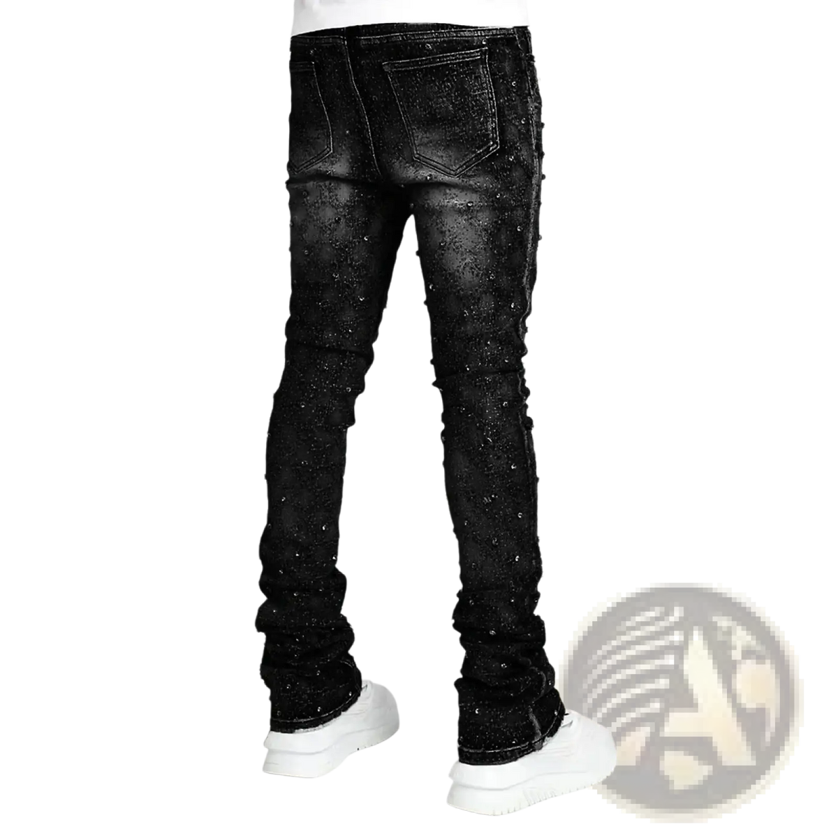 Men rhinestone black denim jeans featuring sparkling embellishments along the legs and seams in black denim