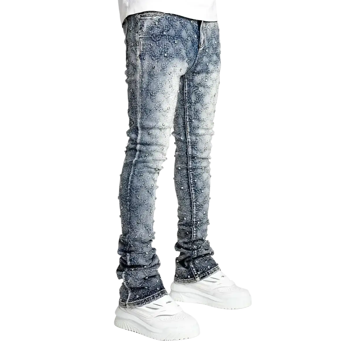 Distressed slim fit black denim jeans with silver rhinestone studs along the legs in premium denim material