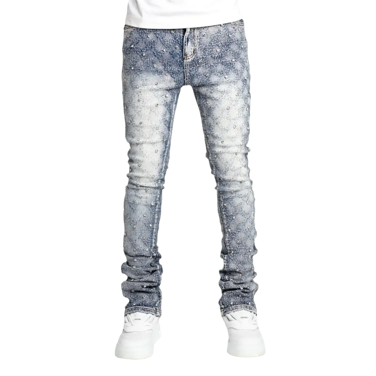 Men rhinestone black denim jeans with slim tapered fit and sparkling rhinestone embellishments on light-wash fabric