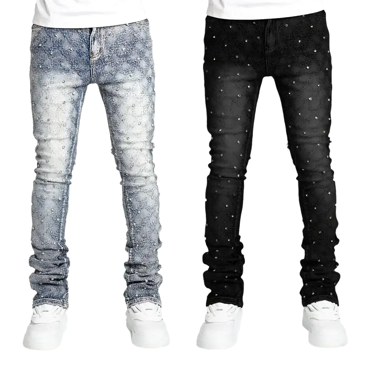Stylish men black denim jeans slim fit with sparkling rhinestones in light-wash and black denim variants