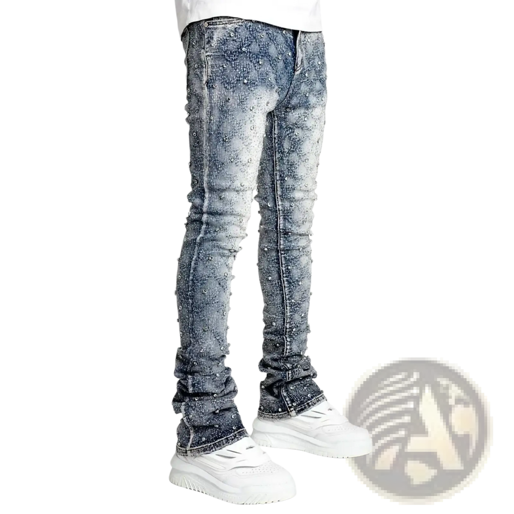 Men rhinestone black denim jeans slim fit dark wash with sparkling rhinestones along seams and rolled cuffs