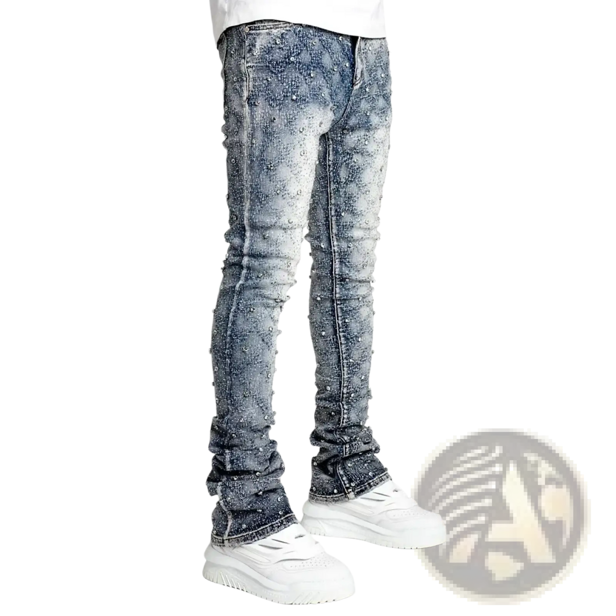 Men rhinestone black denim jeans slim fit dark wash with sparkling rhinestones along seams and rolled cuffs