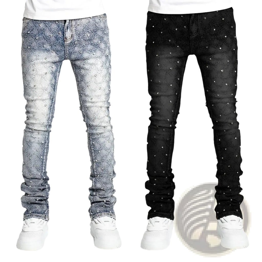 Men rhinestone black denim jeans in slim fit with sparkling embellishments available in faded blue and solid black