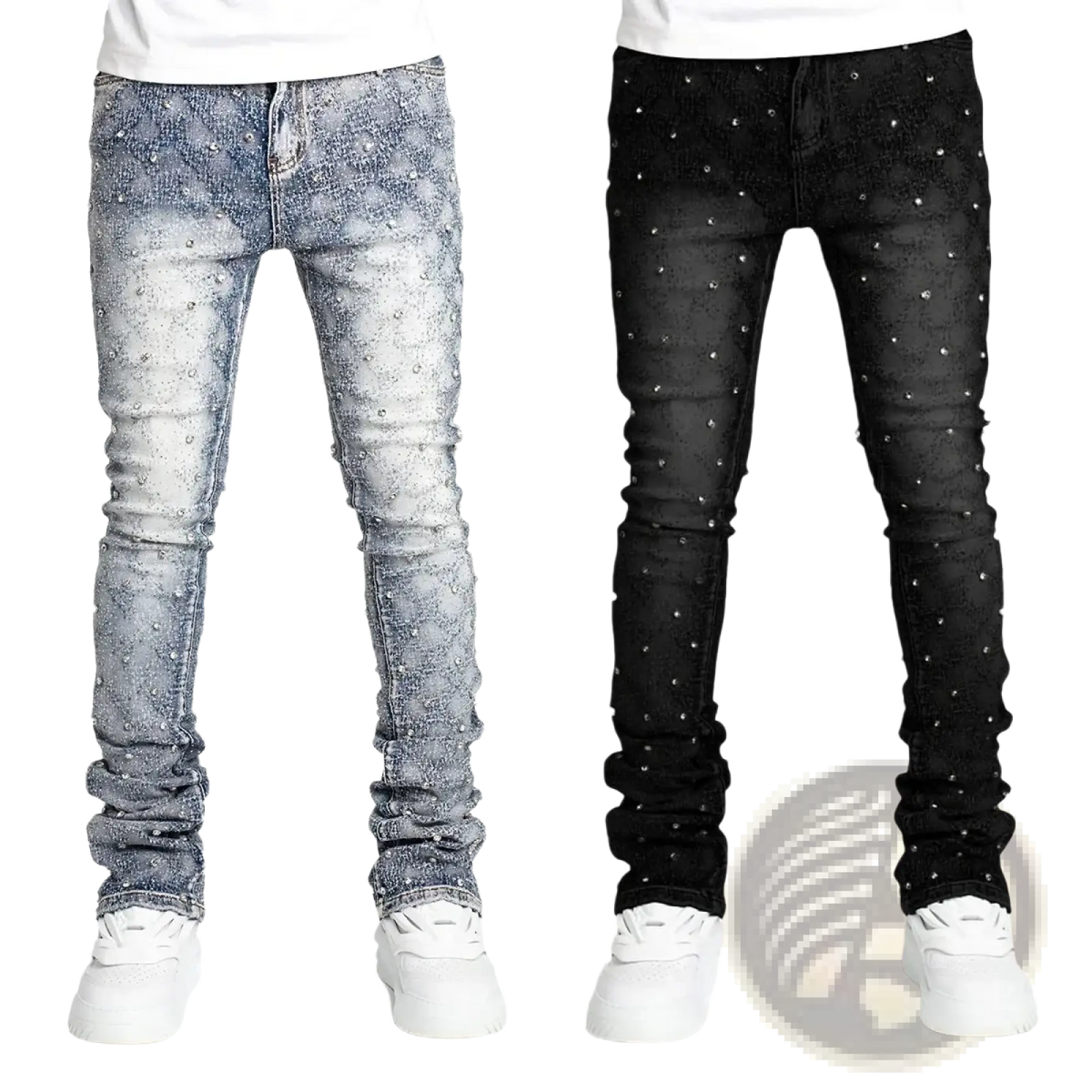 Men rhinestone black denim jeans in slim fit with sparkling embellishments available in faded blue and solid black