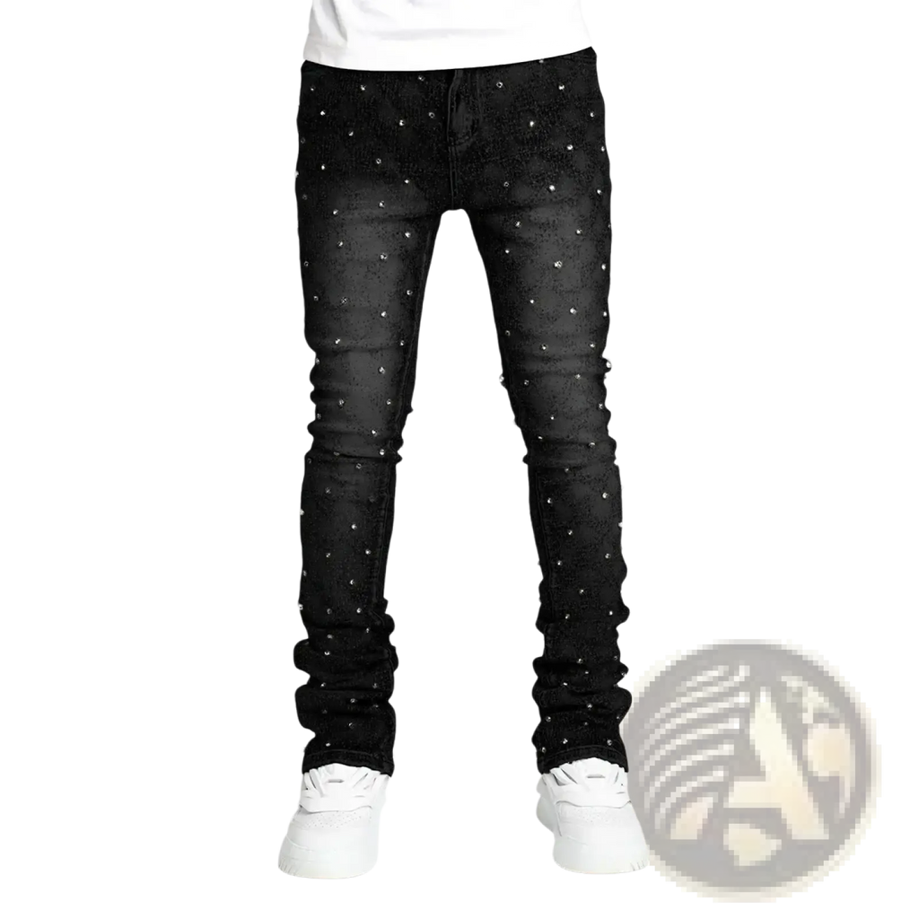 Men rhinestone black denim jeans featuring slim ruched fit with scattered silver studs on black denim fabric