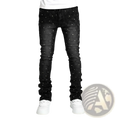 Men rhinestone black denim jeans featuring slim ruched fit with scattered silver studs on black denim fabric