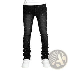 Men rhinestone black denim jeans featuring slim ruched fit with scattered silver studs on black denim fabric