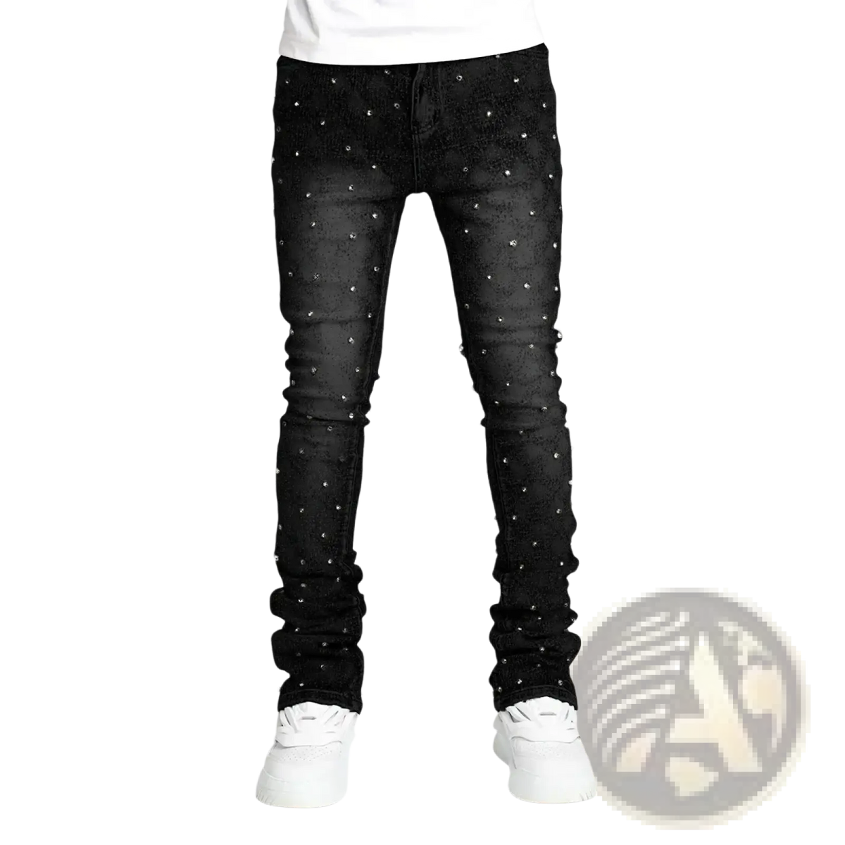 Men rhinestone black denim jeans featuring slim ruched fit with scattered silver studs on black denim fabric