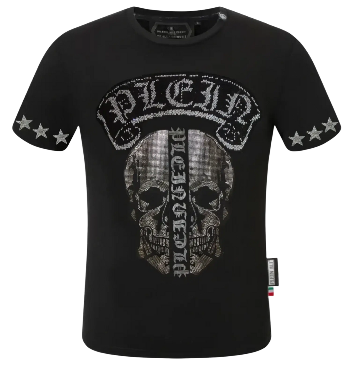 Black Philipp Plein men rhinestone devil bear graphic tee with silver skull and stars embellishment on sleeves