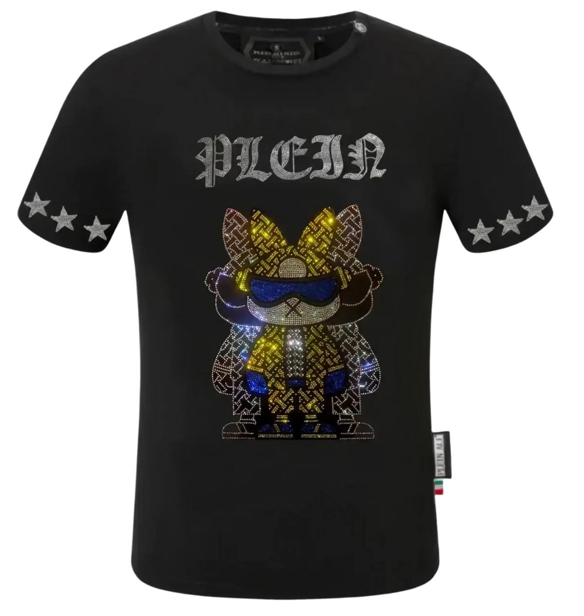 Black philipp plein men rhinestone devil bear graphic tee with glittering rhinestone embellished cartoon cat design