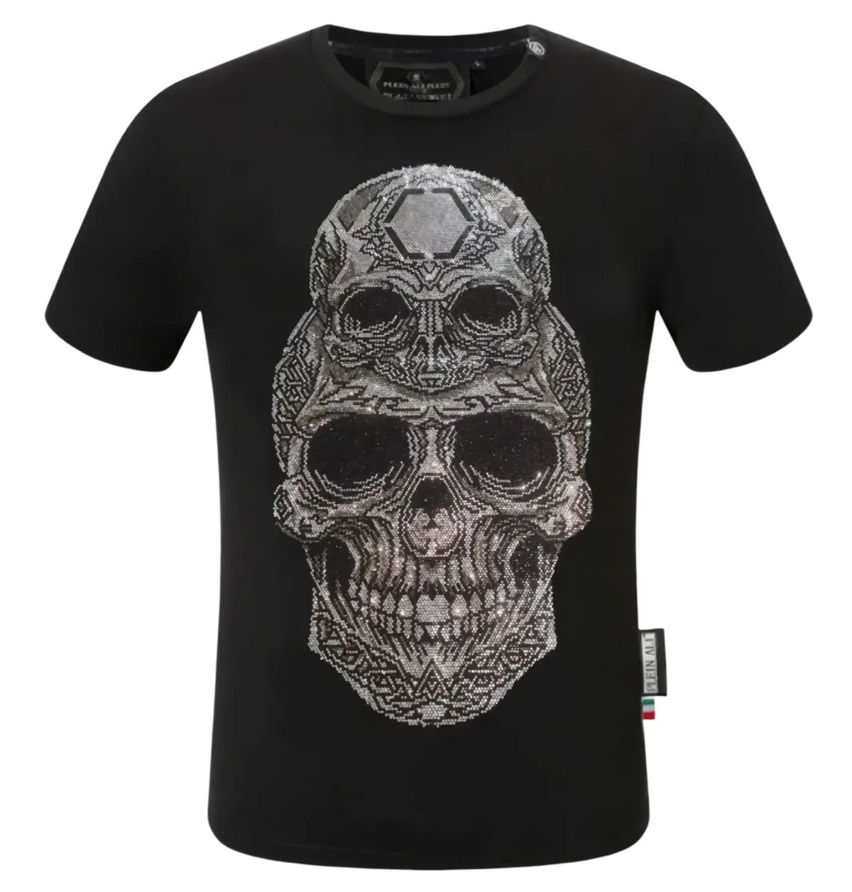 Black short-sleeved t-shirt with a large rhinestone embellished skull design for men rhinestone devil bear graphic tee