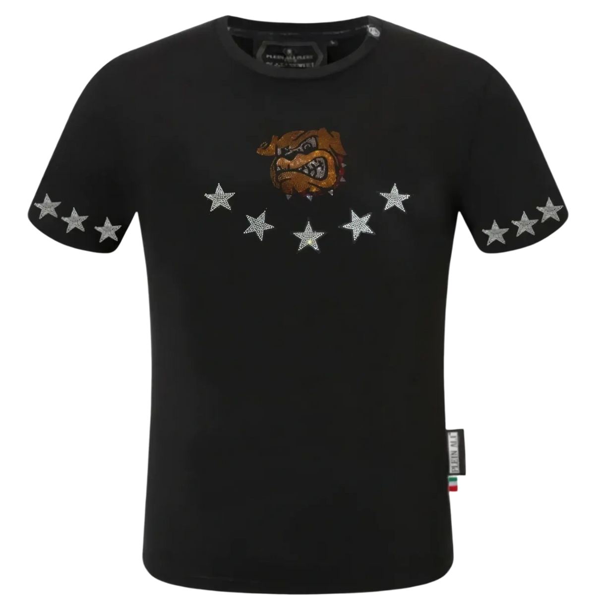 Black short-sleeved men rhinestone devil bear graphic tee featuring brown bulldog head and silver stars on chest and sleeves