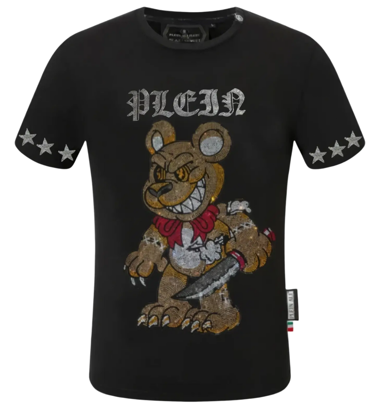 Men rhinestone devil bear graphic tee black short-sleeved with rhinestone bear, red scarf, knife, and silver star sleeve accents