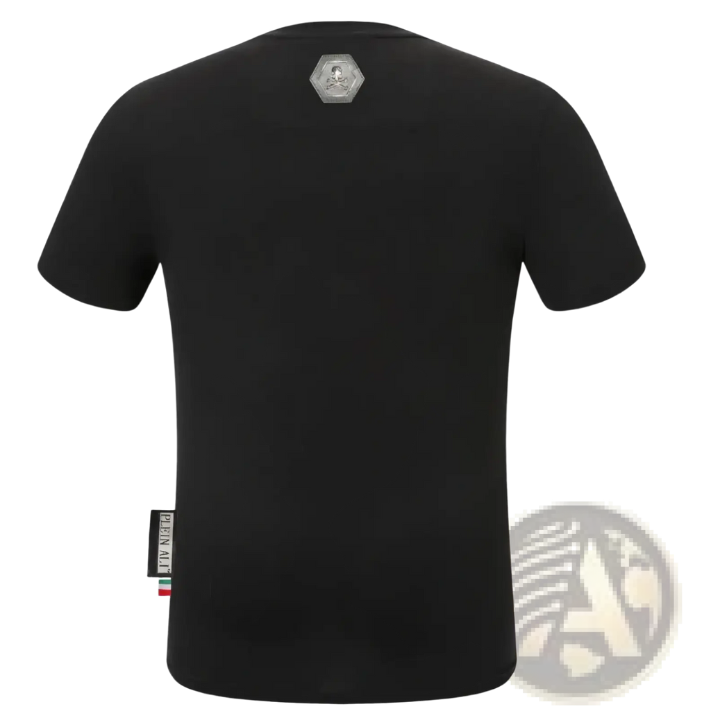 Men rhinestone devil bear graphic tee black short-sleeved t-shirt with silver hexagonal logo at neckline and tag