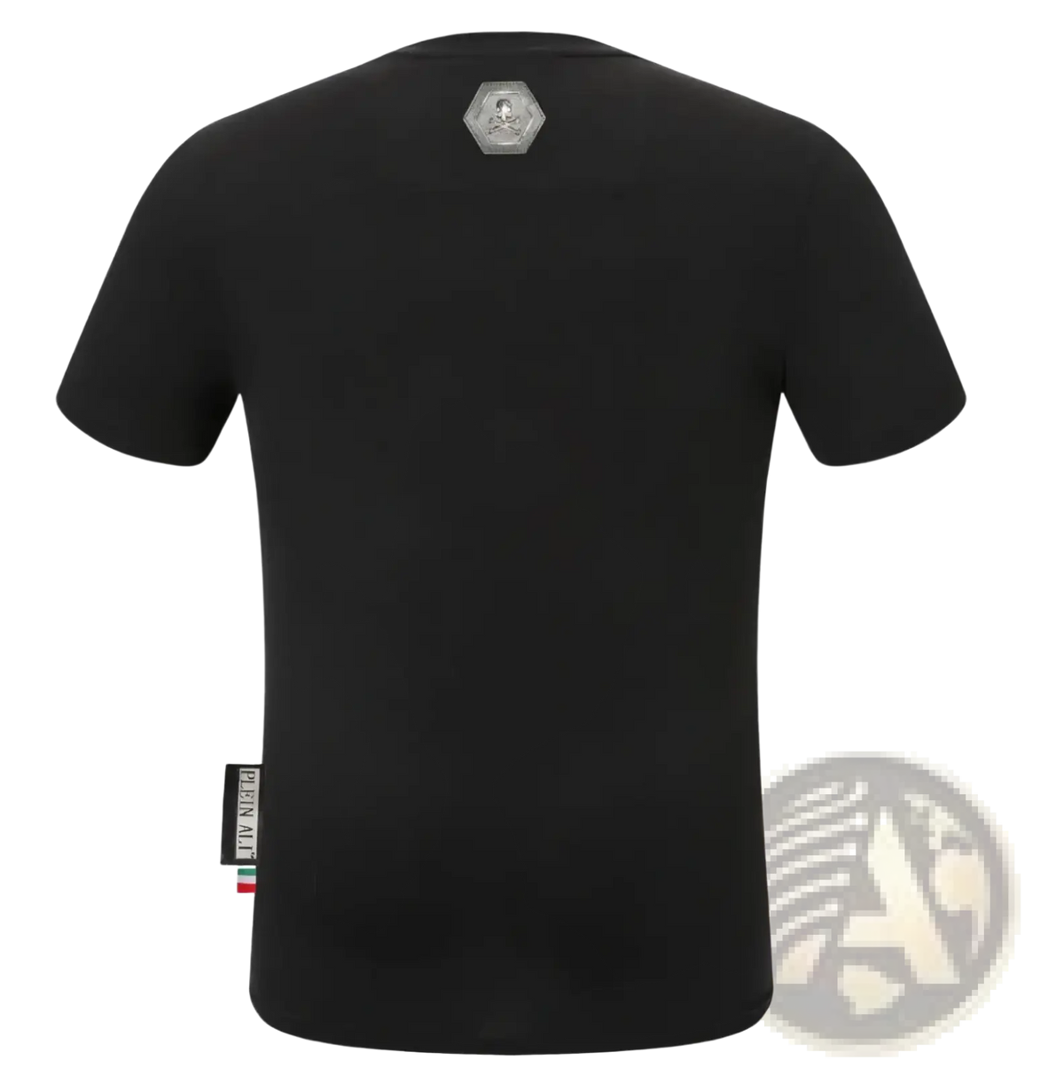 Men rhinestone devil bear graphic tee black short-sleeved t-shirt with silver hexagonal logo at neckline and tag