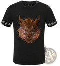 Men rhinestone devil bear graphic tee black short-sleeved with vibrant glittering golden dragon head and star accents on sleeves