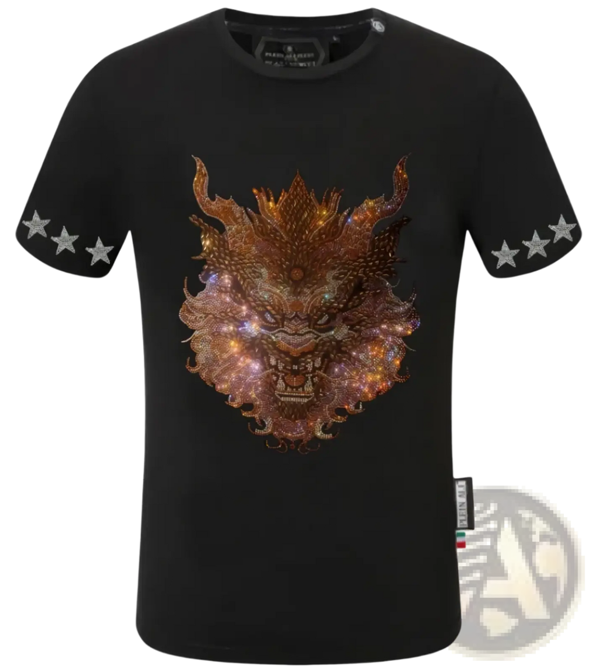 Men rhinestone devil bear graphic tee black short-sleeved with vibrant glittering golden dragon head and star accents on sleeves