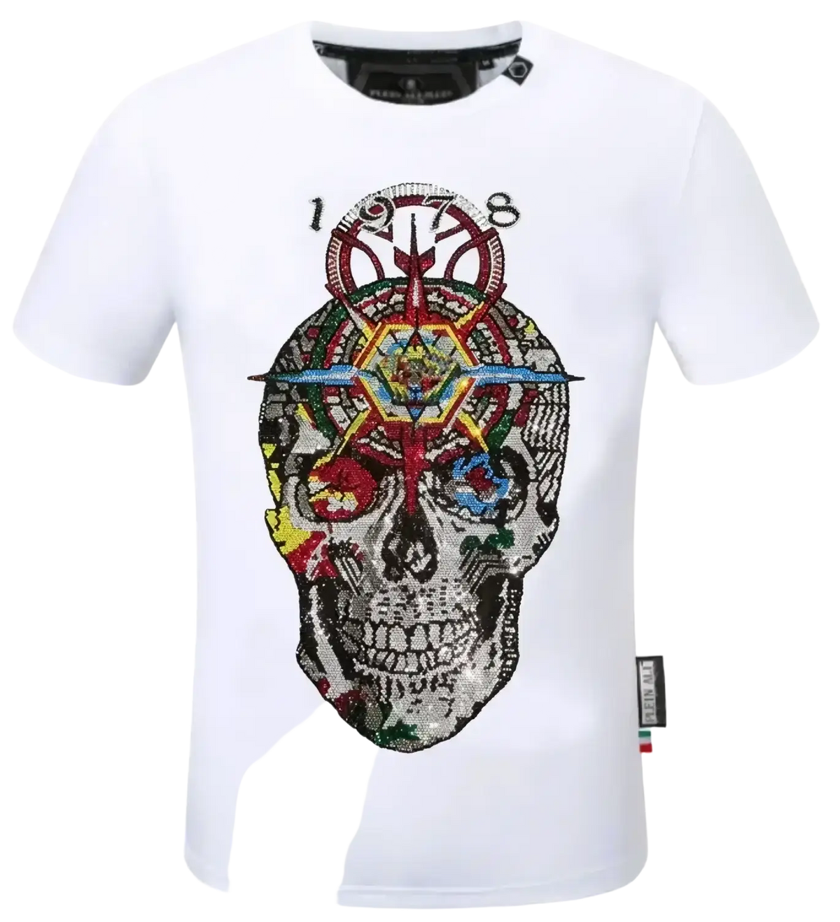 White short-sleeved t-shirt with a vibrant rhinestone devil bear graphic and colorful geometric skull design featuring 1978