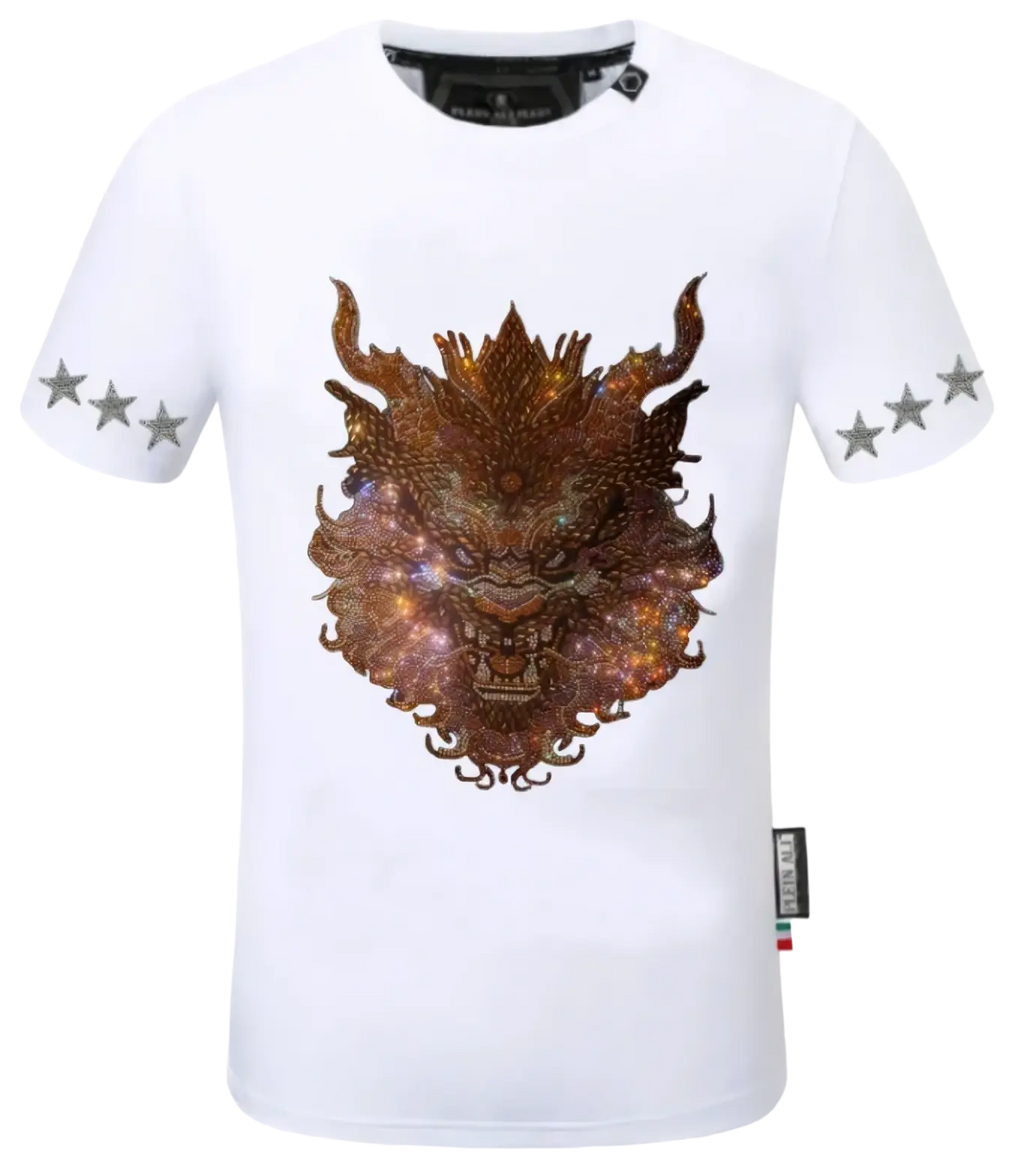 Men rhinestone devil bear graphic tee in white featuring a gold and brown cosmic dragon head with silver star embroidery