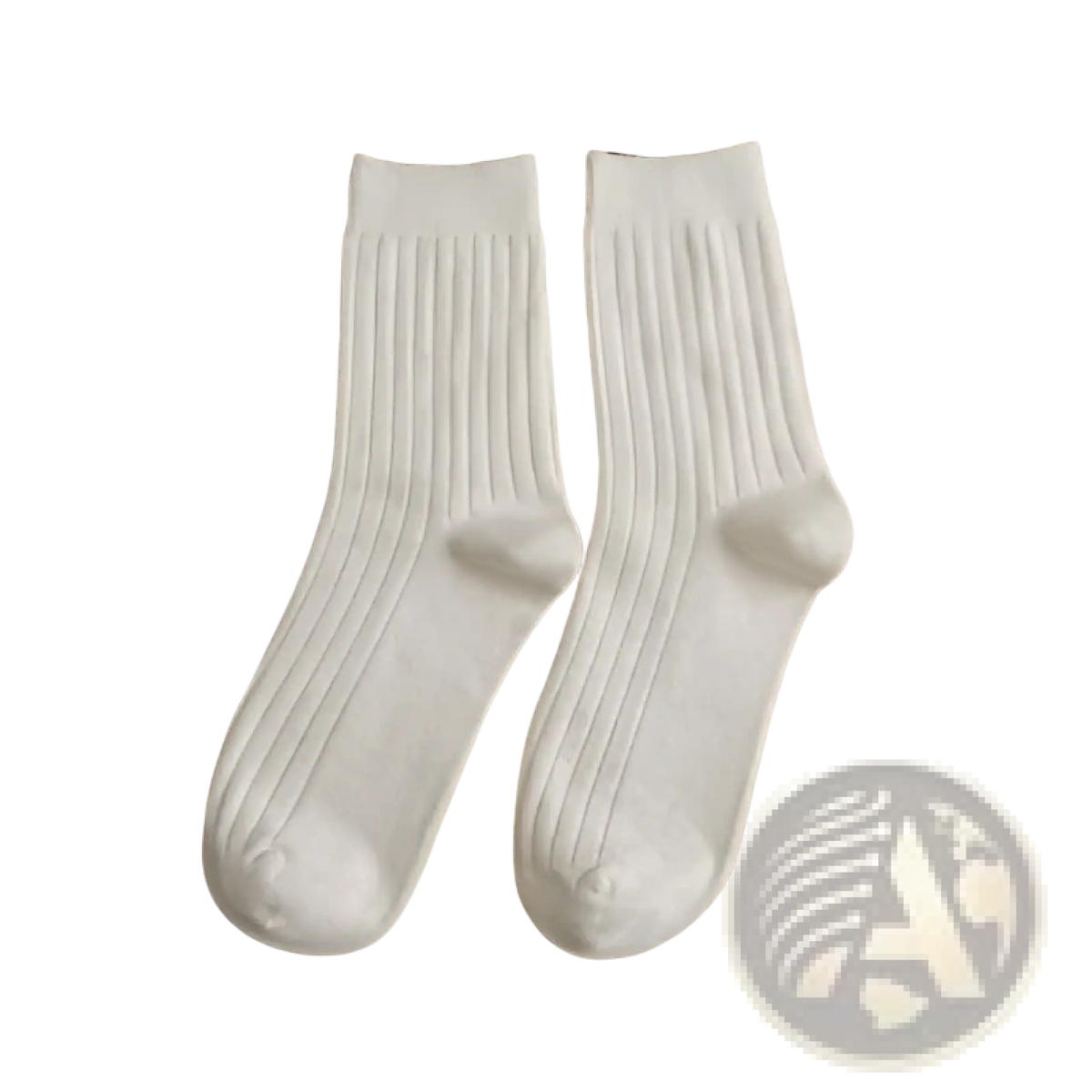 A pair of off-white ribbed cotton men’s socks with a soft textured surface and neatly finished cuffs in earthy neutral tones