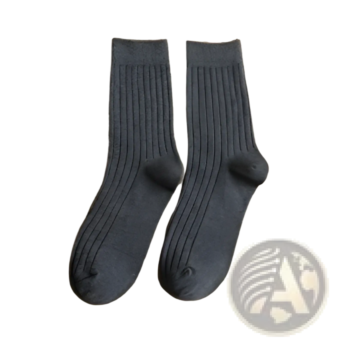 A pair of dark gray ribbed cotton men’s socks with soft textured surface and neatly folded cuffs in earthy neutral tones