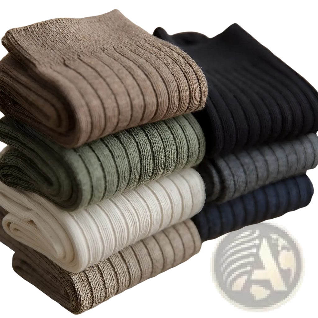 Men ribbed cotton socks set in earthy neutral tones stacked neatly in beige olive green cream dark grey and black