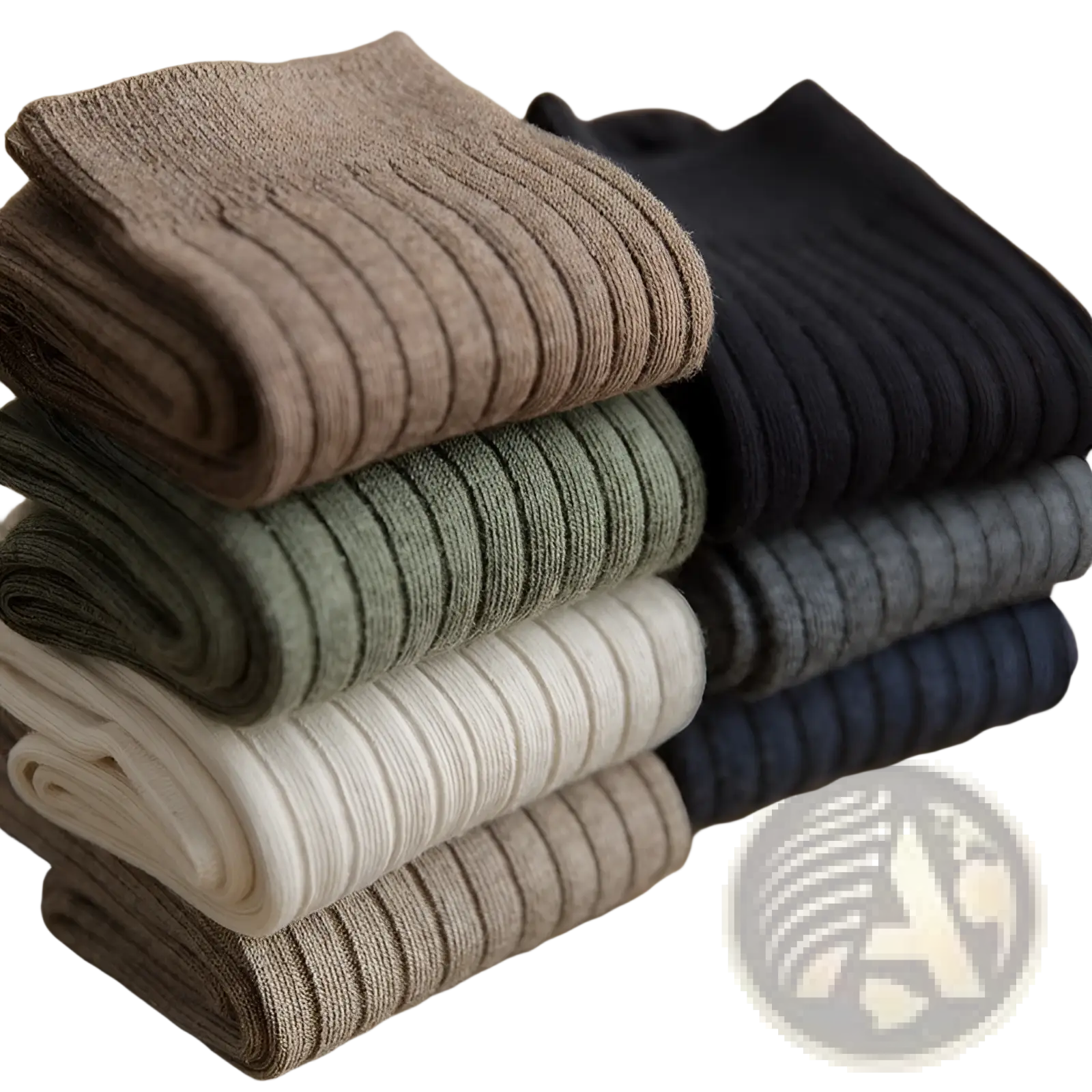 Men ribbed cotton socks set in earthy neutral tones stacked neatly in beige olive green cream dark grey and black