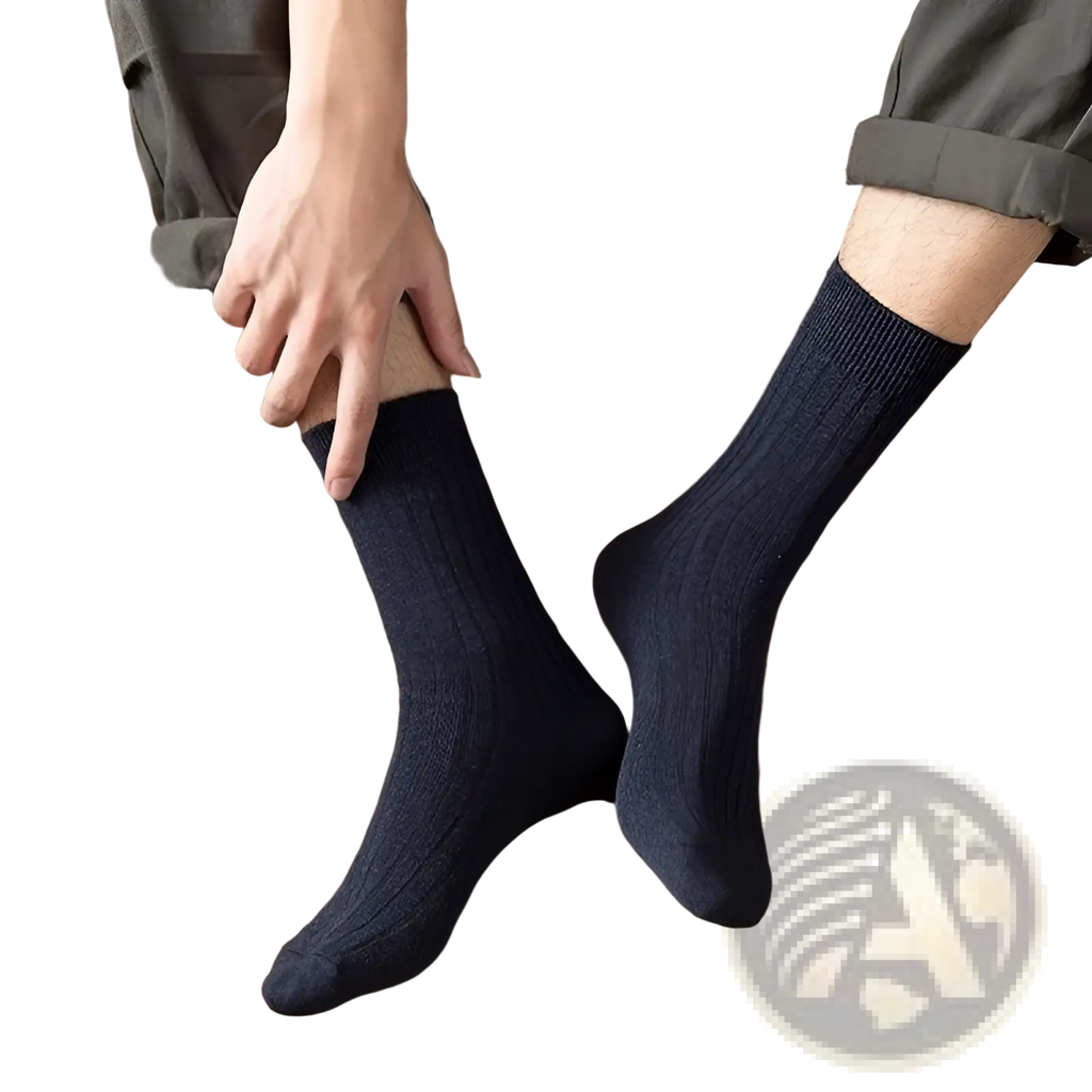 Dark navy blue ribbed cotton socks for men featuring a knit texture from the earthy neutral tones set