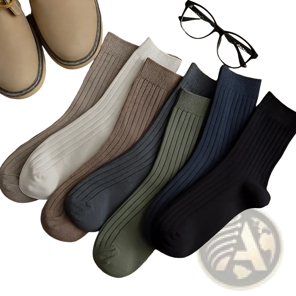 A set of six men ribbed cotton socks in earthy neutral tones including beige brown gray olive green navy and black