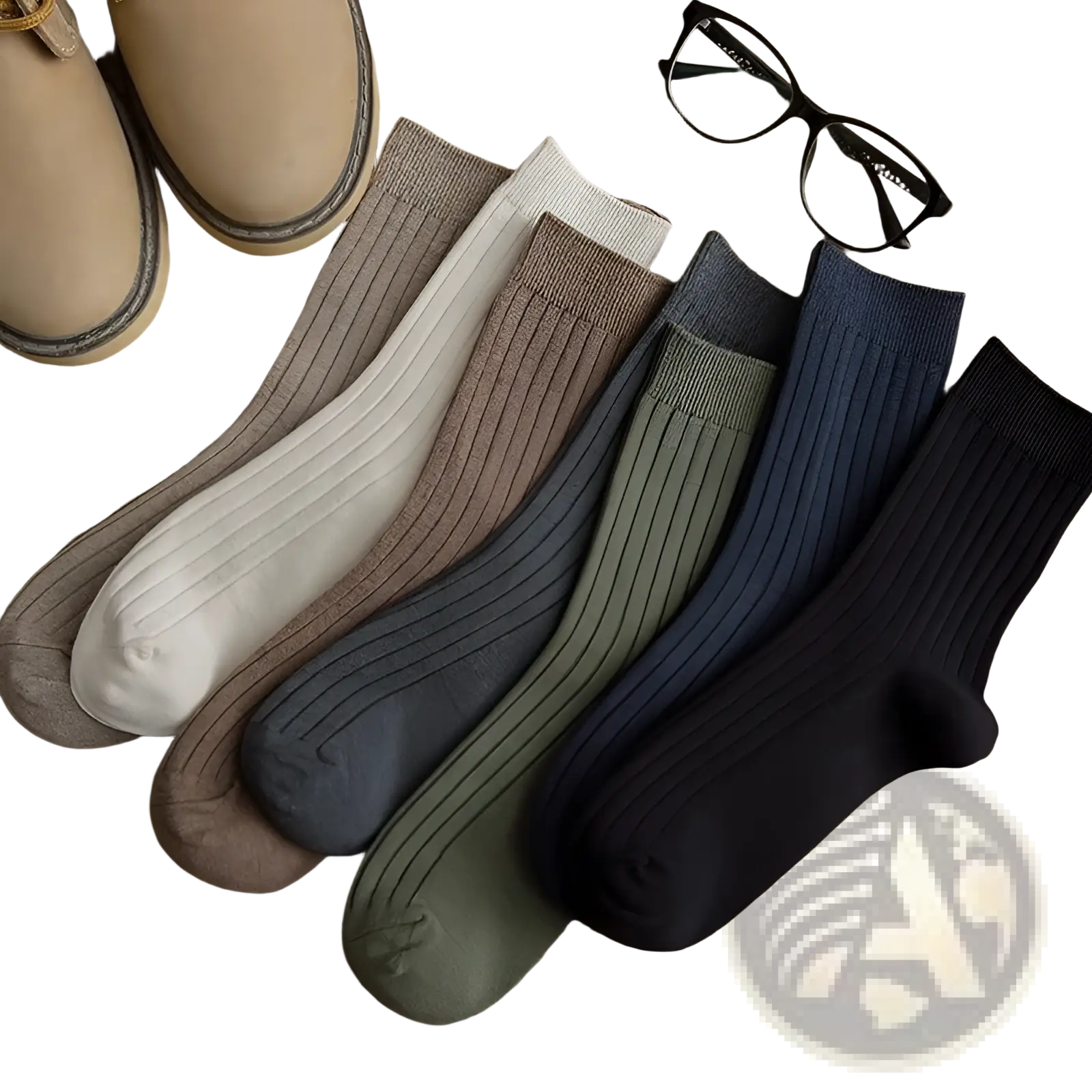 A set of six men ribbed cotton socks in earthy neutral tones including beige brown gray olive green navy and black