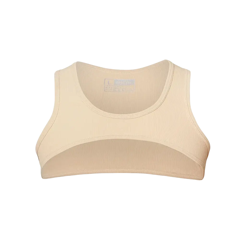 Beige ribbed men crop tank top with scoop neckline and seamless construction for activewear and gym use