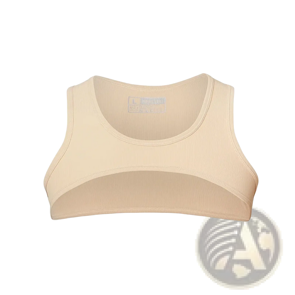 Beige ribbed men crop tank top with scoop neckline and seamless construction for activewear and gym use
