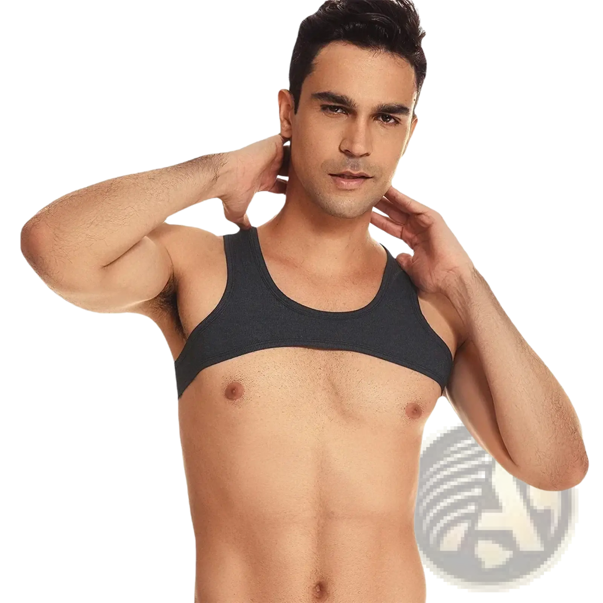 Black ribbed crop tank top with wide shoulder straps and scoop neckline for men activewear gym shirt