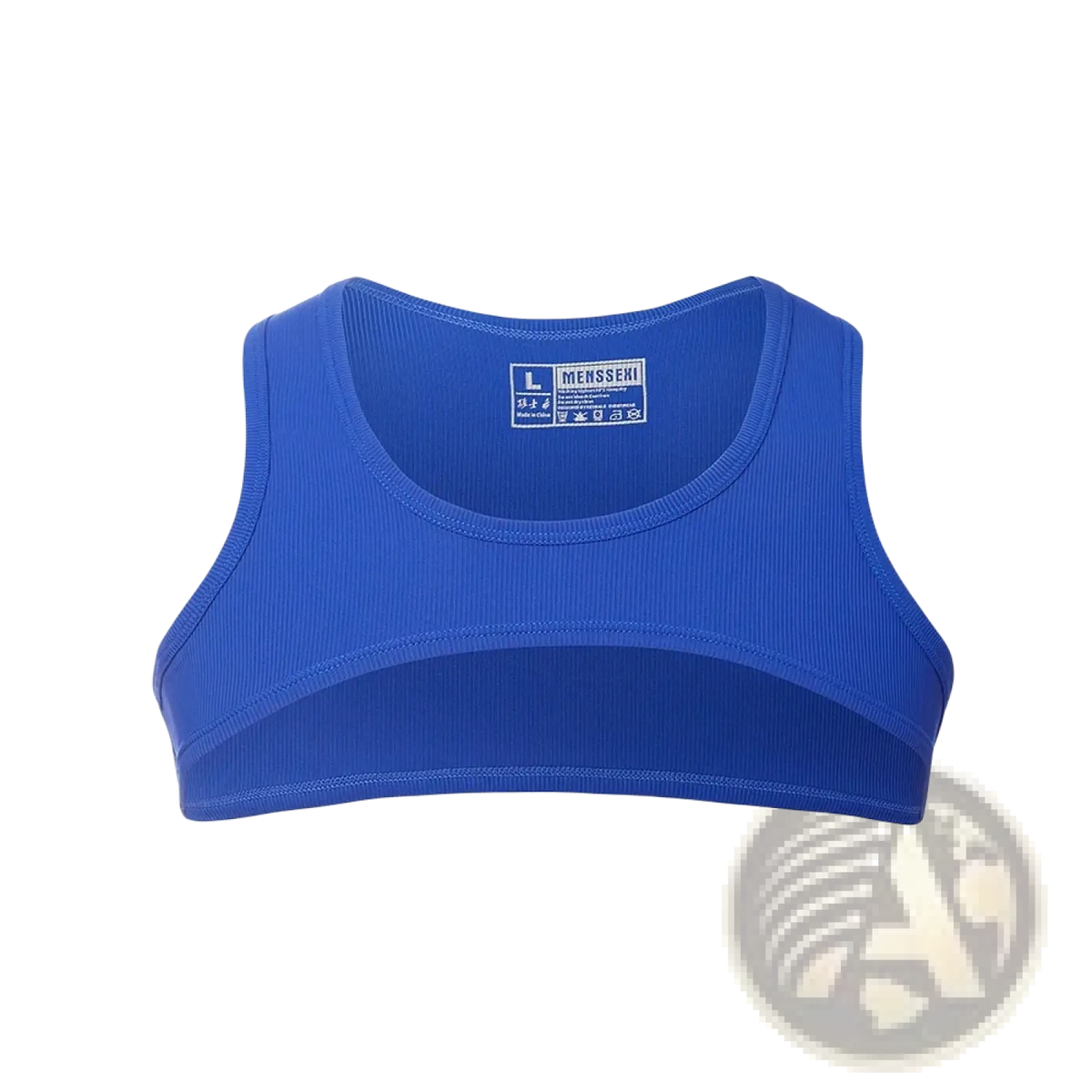Blue ribbed mens sports bra with seamless design and brand label at the back perfect for gym and activewear use