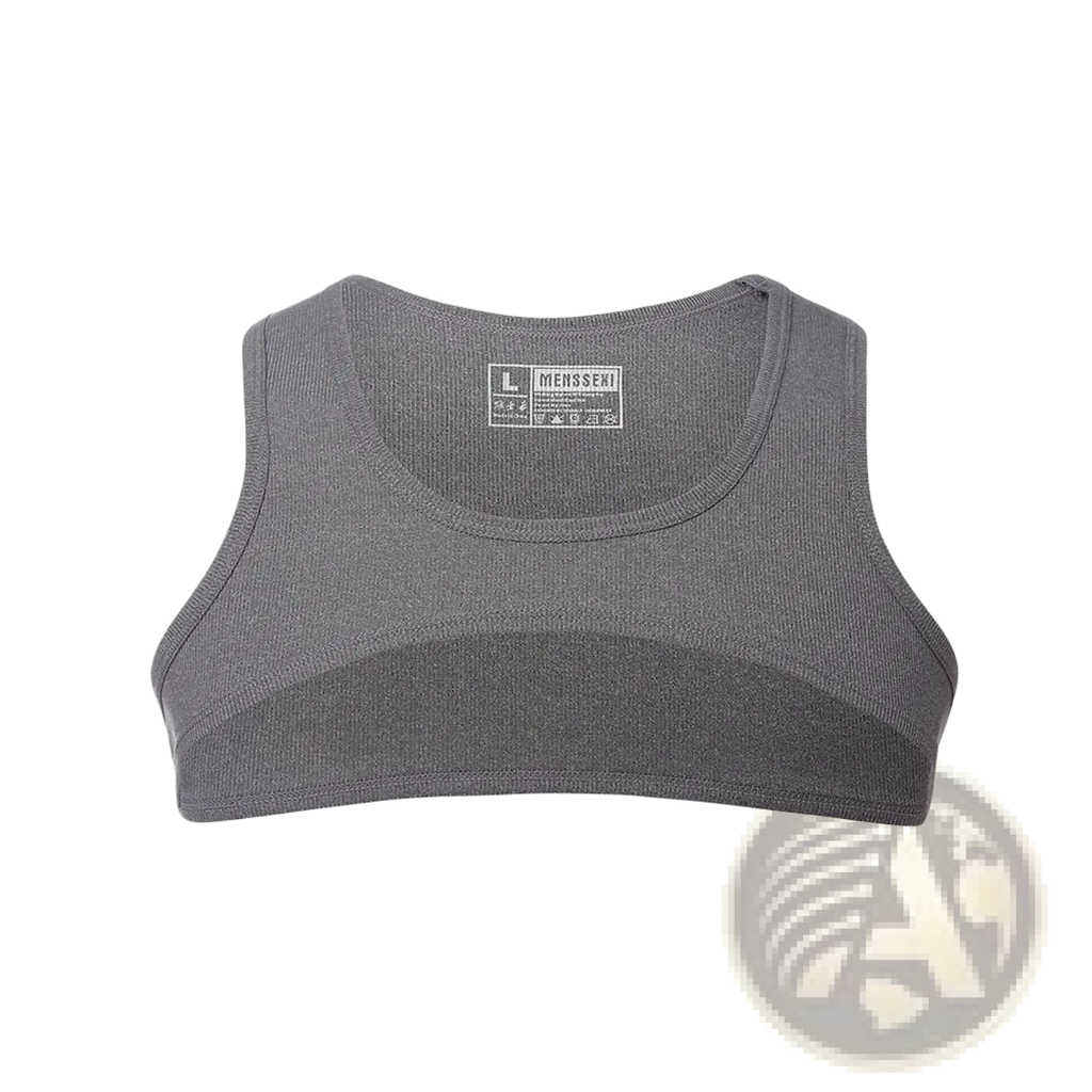 Gray ribbed mesh men crop tank top activewear gym shirt with sleek form-fitting design and subtle back brand label