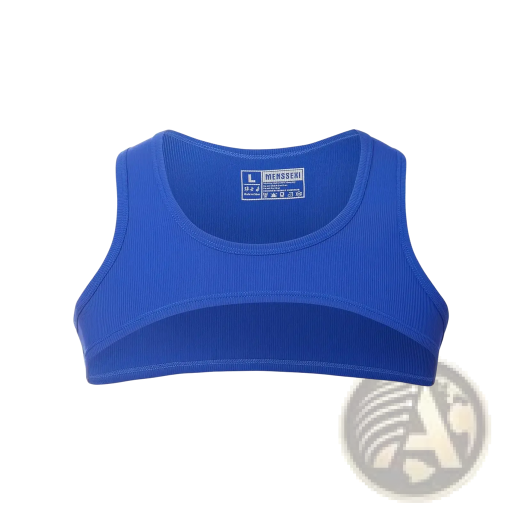 Back side of a vibrant royal blue men ribbed crop tank top activewear gym shirt with sleek form-fitting design and branded label