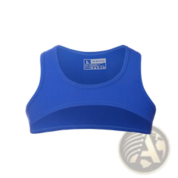 Back side of a vibrant royal blue men ribbed crop tank top activewear gym shirt with sleek form-fitting design and branded label