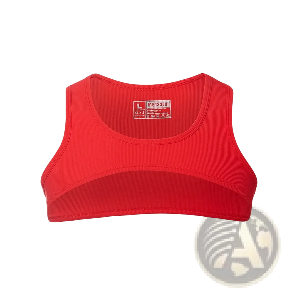 Red ribbed mens sports bra with sleek design and visible brand label on the back for activewear gym use
