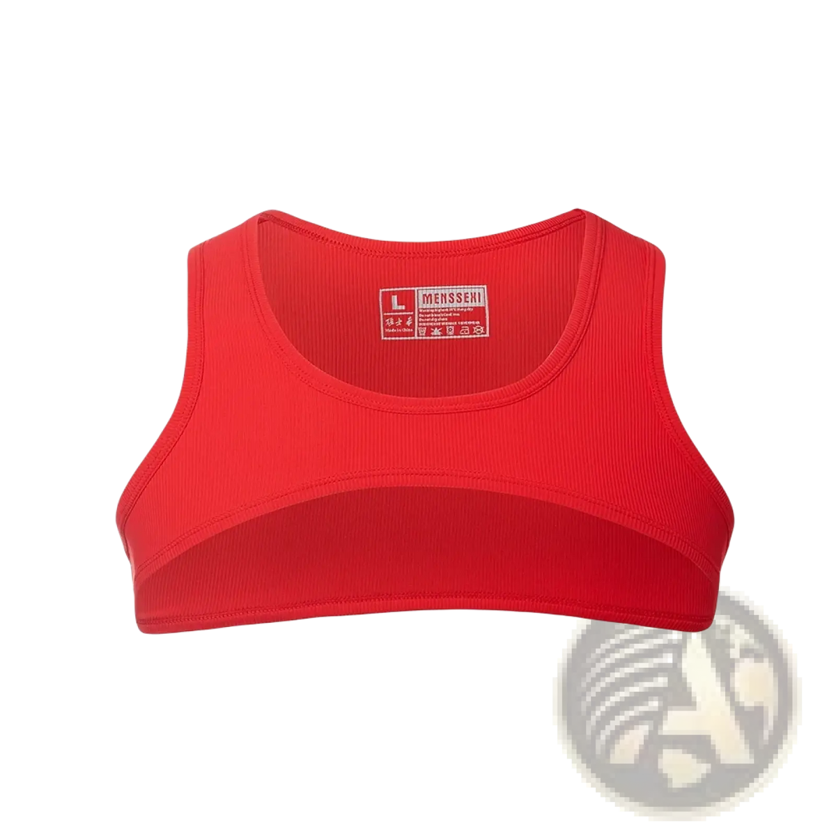 Red ribbed mens sports bra with sleek design and visible brand label on the back for activewear gym use