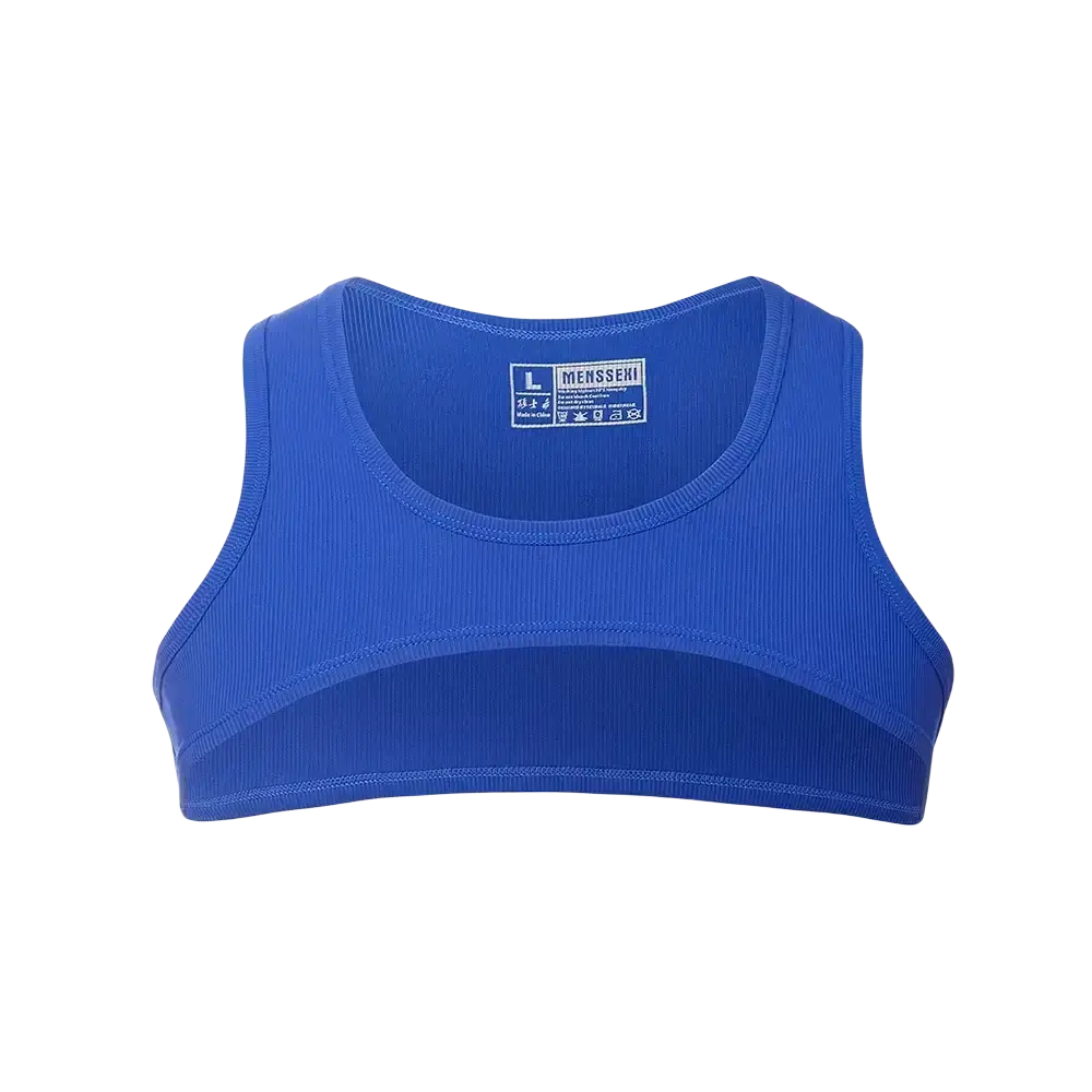 A vibrant royal blue ribbed crop tank made of soft stretchy fabric designed for men’s activewear gym use