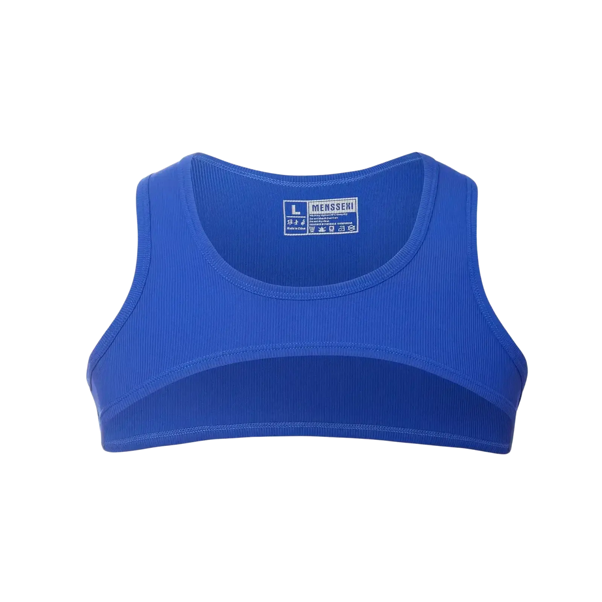 A vibrant royal blue ribbed crop tank with a sleek form-fitting design and branded label at the neckline for activewear