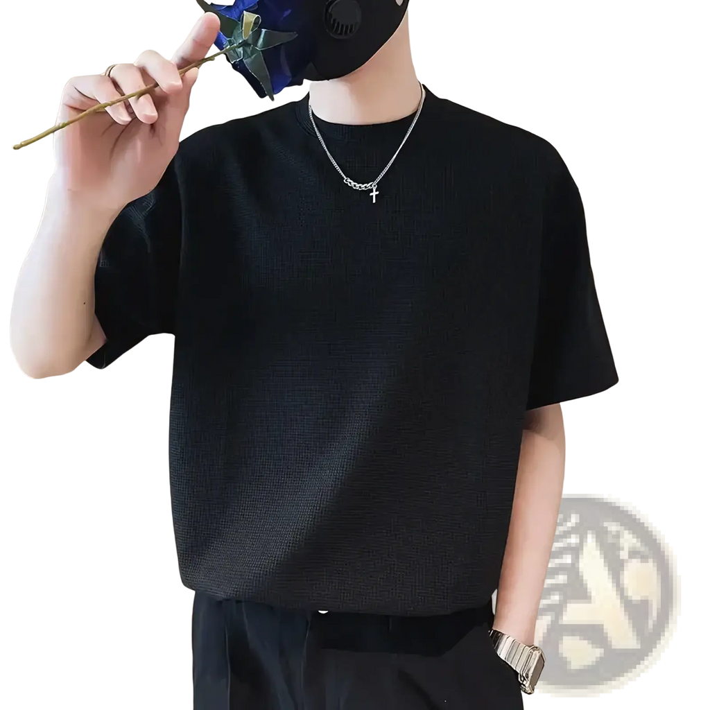 Men ribbed knit crew neck t shirt black textured short sleeve made from soft breathable fabric for casual wear