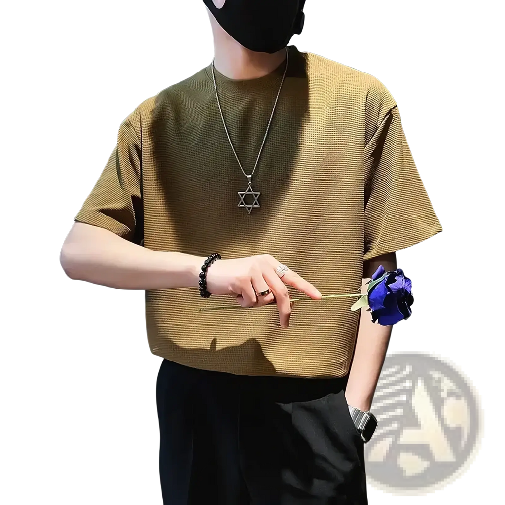 Men ribbed knit crew neck t shirt in olive green with textured short sleeves made from soft breathable fabric