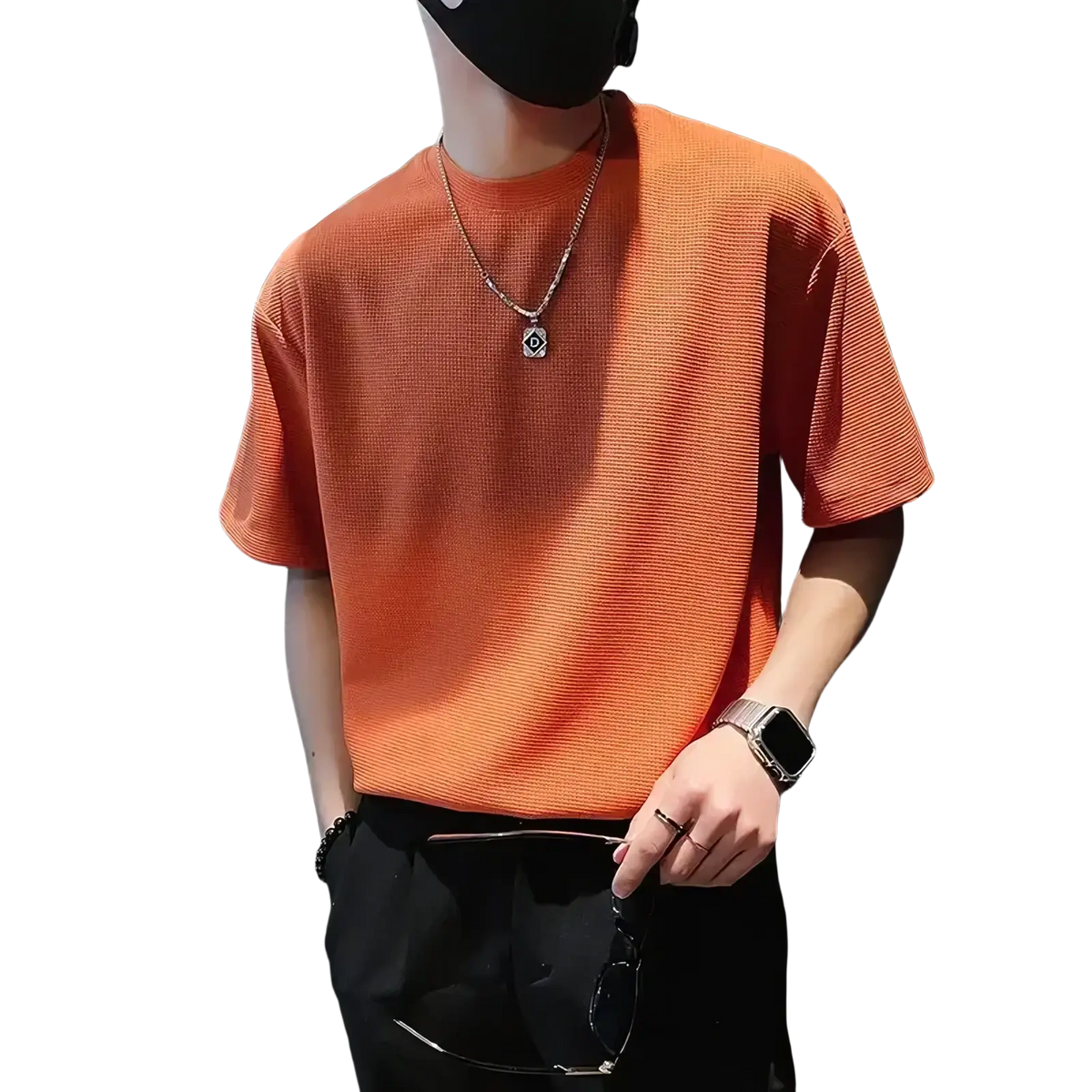 Orange ribbed knit short-sleeve crew neck t-shirt for men made of textured fabric for casual wear